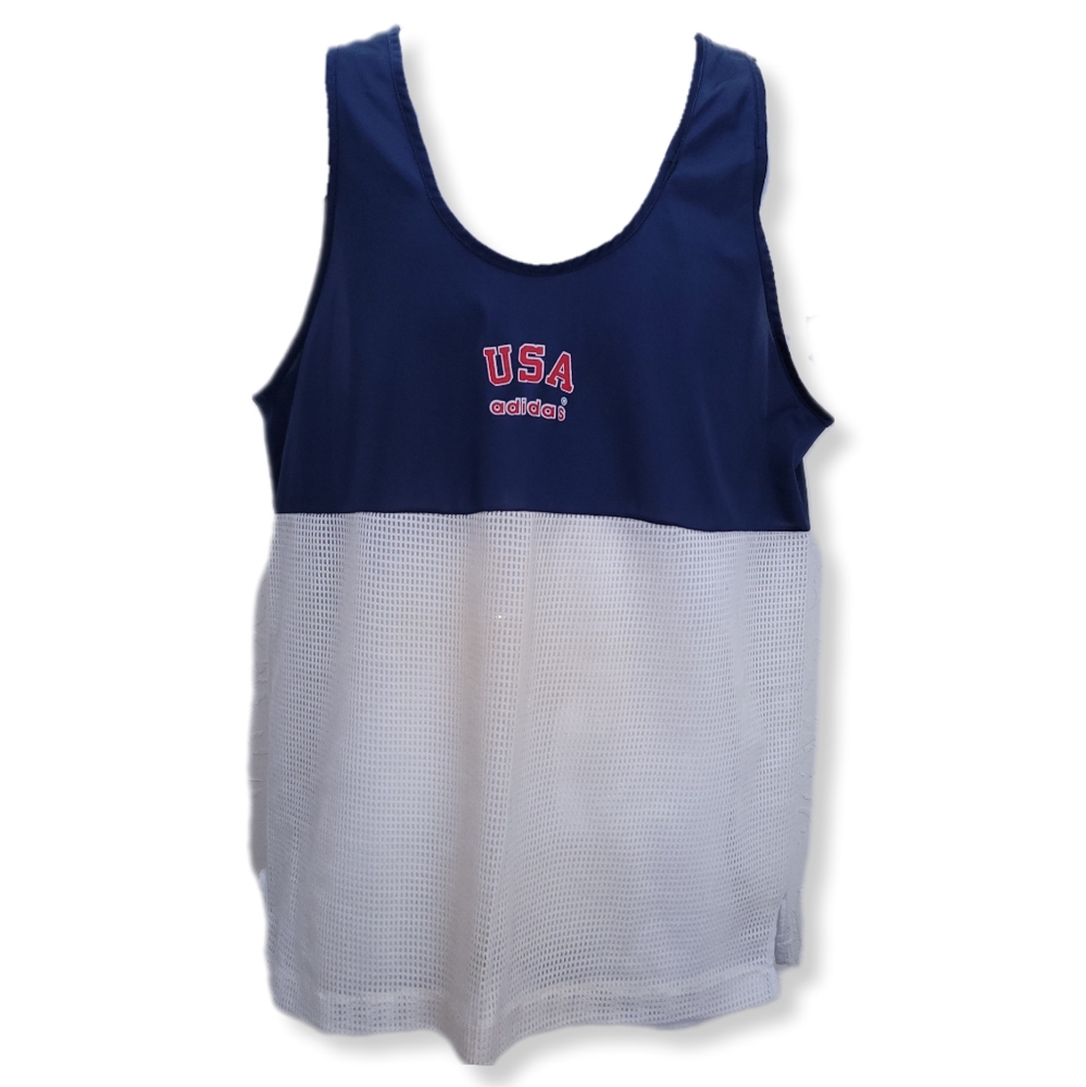 Adidas Mens M 38-40 Tank Top Vintage USA Olympics Mesh Track Field Blue Stretch